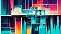 Graphic Glitch Art in Neon Style containing cityscapes and metropolitan scenery in 1980s vintage style with colorful vibrant atmos