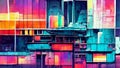 Graphic Glitch Art in Neon Style containing cityscapes and metropolitan scenery in 1980s vintage style with colorful vibrant atmos