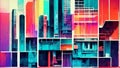Graphic Glitch Art in Neon Style containing cityscapes and metropolitan scenery in 1980s vintage style with colorful vibrant atmos