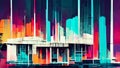 Graphic Glitch Art in Neon Style containing cityscapes and metropolitan scenery in 1980s vintage style with colorful vibrant atmos