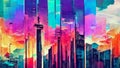 Graphic Glitch Art in Neon Style containing cityscapes and metropolitan scenery in 1980s vintage style with colorful vibrant atmos