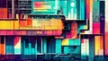 Graphic Glitch Art in Neon Style containing cityscapes and metropolitan scenery in 1980s vintage style with colorful vibrant atmos