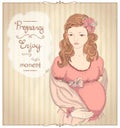 Vintage style graphic portrait of a pregnant woman, quotes card.