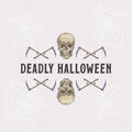 Vintage Style Halloween Headline or Title Greetings Label Template. Hand Drawn Sculls and Reaper Scythe Sketch Frame or