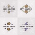 Vintage Style Halloween Headline or Title Greetings Labels Template Set. Hand Drawn Pumpkin, Scull Witch Hat and Royalty Free Stock Photo