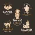 Vintage Style Halloween Logos or Labels Template Set. Hand Drawn Vampire Bat, Scull, Candle, Eye, Cat and Ghost Sketch