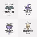 Vintage Style Halloween Logos or Labels Template Set. Hand Drawn Vampire Bat, Scull, Witch Hat and Cauldron Sketch
