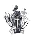 Watercolor Halloween illustrations. Skeleton, coffin, raven. Scary creepy hand painted composition, isolated