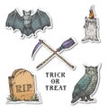 Vintage Style Halloween Stickers Set. Hand Drawn Owl, Bat, Candle, Tombstone and Crossed Broom and Scythe Sketch Symbols