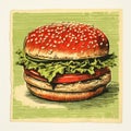 Vintage Style Hamburger Print: Detailed Woodblock Artwork