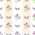 Vintage style hand drawn butterflies and flowers design. Seamless vertical geometric vector pattern with pastel stripes