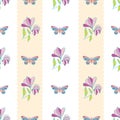Vintage style hand drawn butterflies and flowers design. Seamless vertical geometric vector pattern with pastel stripes Royalty Free Stock Photo
