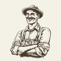 A vintage-style hand-drawn vector illustration sketch of a happy farmer engaged in farming and agriculture activities Royalty Free Stock Photo