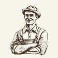 A vintage-style hand-drawn vector illustration sketch of a happy farmer engaged in farming and agriculture activities Royalty Free Stock Photo