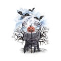 Watercolor vintage Halloween illustration of scary scarecrow with pumpkin head, dead tree, full moon, isolated on white backdrop
