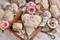 Vintage style handicraft heart made of linen and laces and sewing supplies