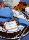 Vintage style Happy Thanksgiving dining table place setting - closeup.