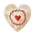 Vintage style heart with stitched red leaves. Hand drawn retro textile decorative element watercolor illustration