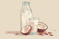 Vintage-style illustration of cacao water in a glass and bottle, with split cacao fruit and beans on a beige backdrop.