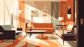 Vintage style illustration of elegant, sophisticated design of retro living room. AI generated.