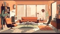 Vintage style illustration of elegant, sophisticated design of retro living room. AI generated.