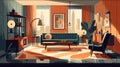 Vintage style illustration of elegant, sophisticated design of retro living room. AI generated.