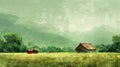 A vintage-style illustration of a farm with a tractor and a barn in a green landscape. Royalty Free Stock Photo