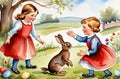 A vintage-style illustration, a girl is playing with Easter bunnies on a background of nature. Royalty Free Stock Photo