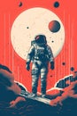 Vintage style illustration of a space astronaut. Abstract science fiction poster or banner