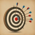 A vintage-style illustration of a target with eight arrows embedded in it. The target Royalty Free Stock Photo