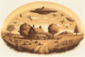 A vintage-style illustration of a UFO spaceship hovering over a rustic farm, reminiscent of early 1900s photographs