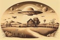 A vintage-style illustration of a UFO spaceship hovering over a rustic farm, reminiscent of early 1900s photographs