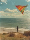 Vintage style image of a man flying a colorful kite on a serene beach landscape. Royalty Free Stock Photo