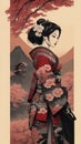 Vintage-style Ink Drawing of a Geisha Amidst a Stunning Japanese Landscape with Cherry Blossom Splash