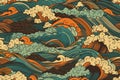 A vintage style japanese crashing wave background. Seamless pattern. Generative ai Royalty Free Stock Photo