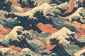 A vintage style japanese crashing wave background. Seamless pattern. Generative ai Royalty Free Stock Photo