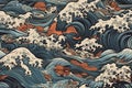 A vintage style japanese crashing wave background. Seamless pattern. Generative ai Royalty Free Stock Photo