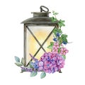 Vintage style lantern decorated with garden flowers. Watercolor painted illustration. Hand drawn old metal lamp with