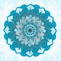 DAHLIA FLOWER MANDALA. ABSTRACT WHITE AND LIGHT BLUE BACKGROUND. CENTRAL LINEAR DESIGN IN BLUE, LIGHT BLUE AND WHITE Royalty Free Stock Photo