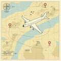 Vintage-style map illustration featuring an airplane over a stylized landscape. Royalty Free Stock Photo