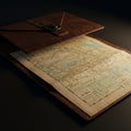 A vintage-style map partially pulled from a brown, textured leather envelope. The map Royalty Free Stock Photo