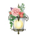 Vintage style metal lantern with garden flower decor. watercolor painted illustration. Hand drawn old garden lamp with