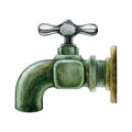 Vintage style metal water tap. Watercolor illustration. Hand drawn retro faucet element. Vintage copper water tap on