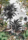 Vintage style oasis in the desert with palms and wild birds wallpaper
