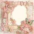 Vintage style paper background with flowers and butterflies. Scrapbook photo album page. AI generated