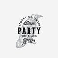 Vintage Style Party Halloween Logo or Label Template. Hand Drawn Black Crow or Raven Sketch Symbol and Retro Typography.