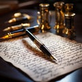 A vintage-style pen in a wooden holder, placed on an aged letter on a wooden table Royalty Free Stock Photo