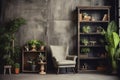 Vintage style photo studio with old IKEA furniture, grunge wall with paintin and plants in boho style