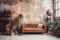 Vintage style photo studio with old IKEA furniture, grunge wall with paintin and plants in boho style