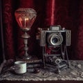 Vintage fictional style camera in retro style setting with background boho lighting.